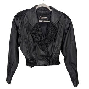 Vintage Biker Jacket 80s Punk size M Cropped Black Velour Wilsons Moto Grunge‎
